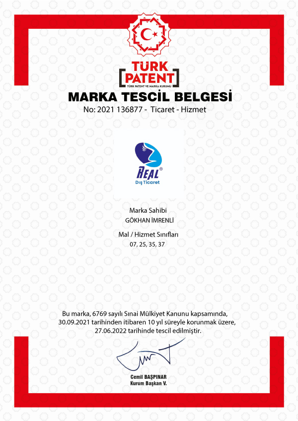 REAL Dış Ticaret Marka Tescil Belgesi (Sınıflar 07, 25, 35, 37)