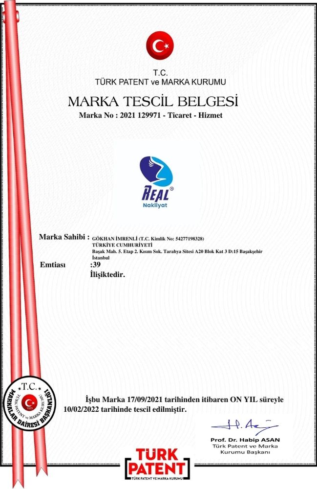 REAL Nakliyat Marka Tescil Belgesi (Sınıf 39)